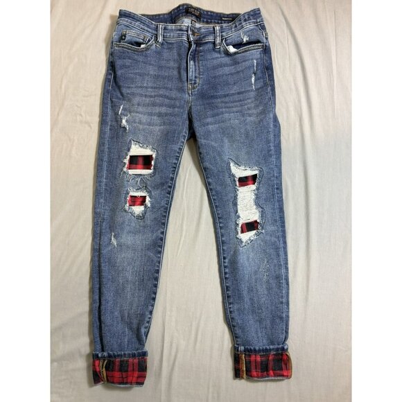 Judy Blue Denim - Judy Blue Skinny Fit Jeans Women's 11/30 Blue Red Plaid Patches Distressed Denim